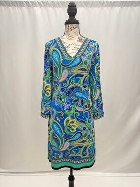 Laundry By Shelli Segal Blue & Green Paisley V-Neck Long Sleeve Dress